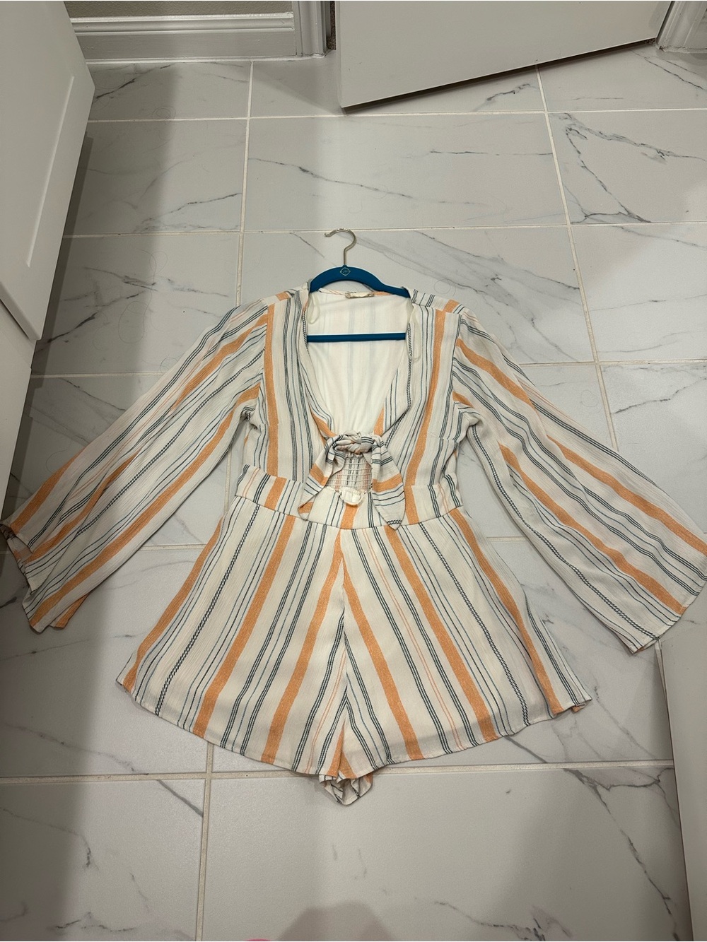 Altar'd State Cream Striped Tie-Front Romper with Orange and Blue Stripes